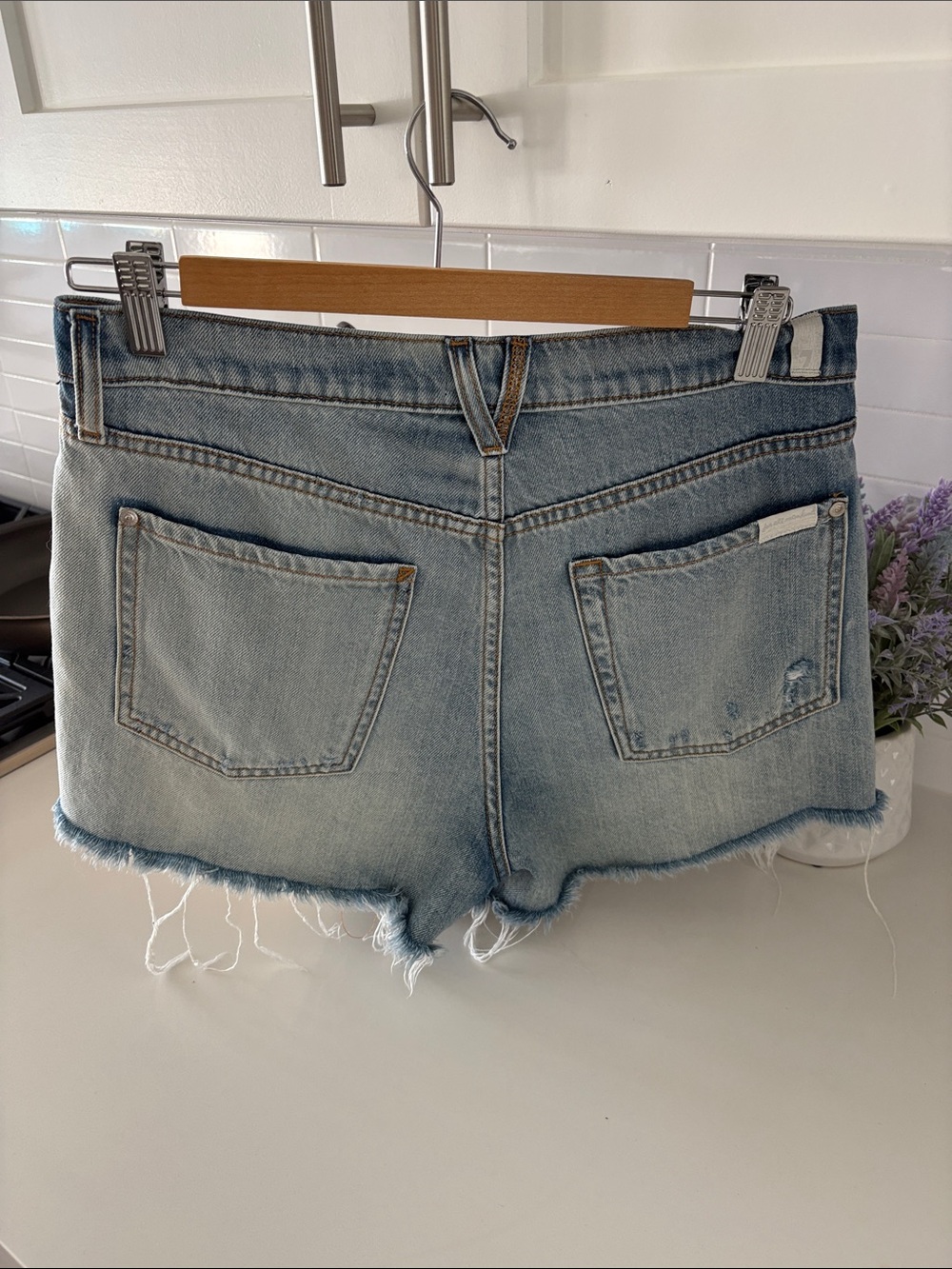 7 For All Mankind Light Blue Distressed Denim Shorts - Picture 2 of 3